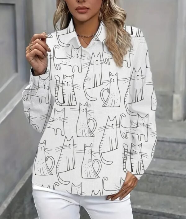 Camisa Feminina Branca com Estampa de Gato